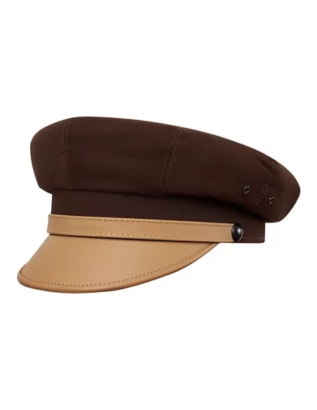 Bawełniana czapka brązowa z beżowym skórzanym daszkiem sterkowski